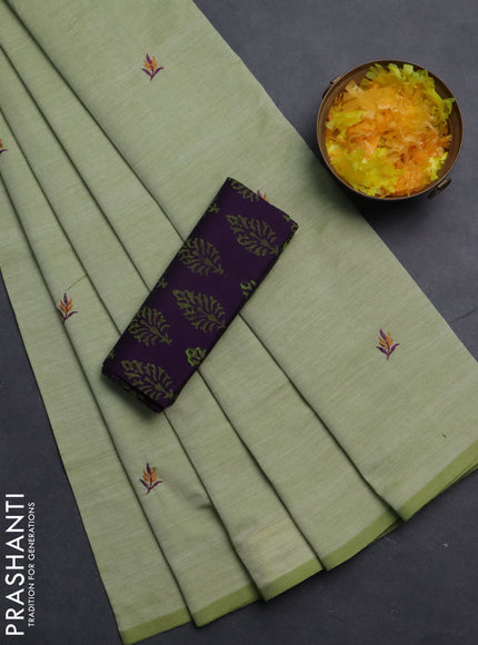 Semi silk cotton saree pista green and deep purple with embroided buttas in borderless style