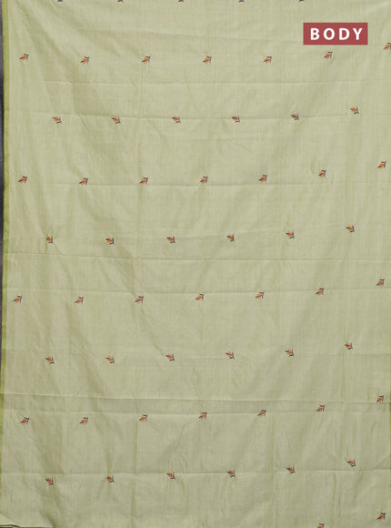 Semi silk cotton saree pista green and deep purple with embroided buttas in borderless style