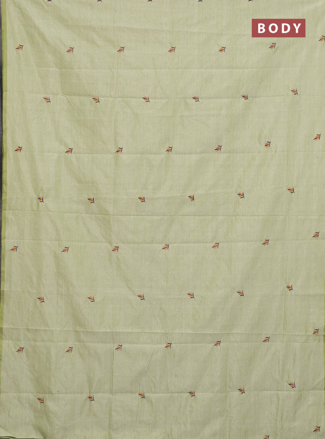 Semi silk cotton saree pista green and deep purple with embroided buttas in borderless style