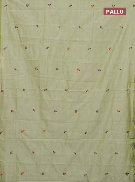 Semi silk cotton saree pista green and deep purple with embroided buttas in borderless style