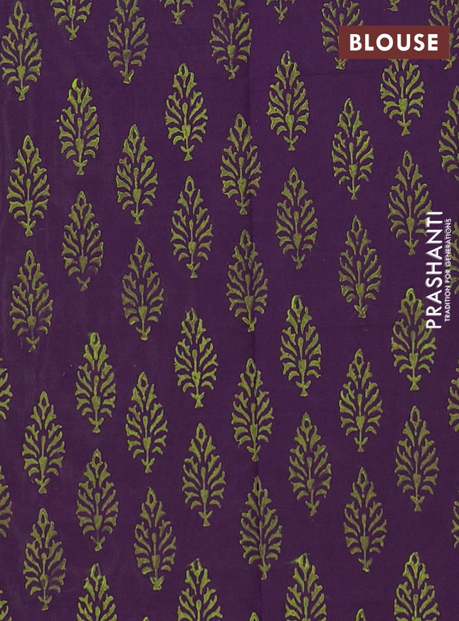 Semi silk cotton saree pista green and deep purple with embroided buttas in borderless style