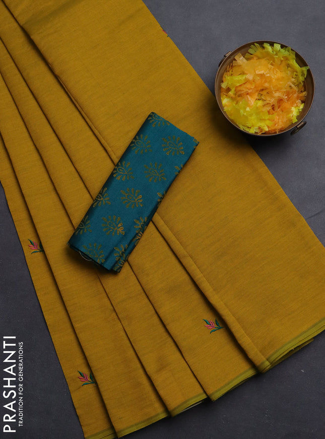 Semi silk cotton saree yellow and peacock green with embroided buttas in borderless style
