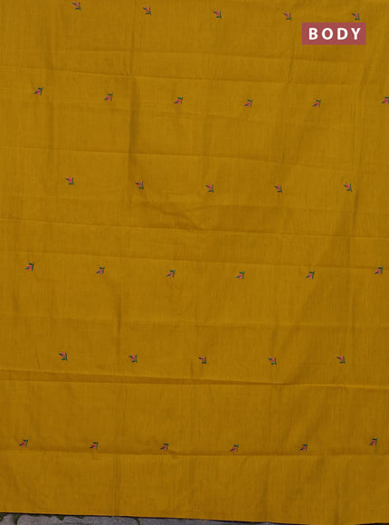 Semi silk cotton saree yellow and peacock green with embroided buttas in borderless style