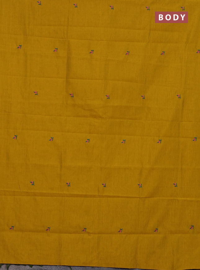 Semi silk cotton saree yellow and peacock green with embroided buttas in borderless style