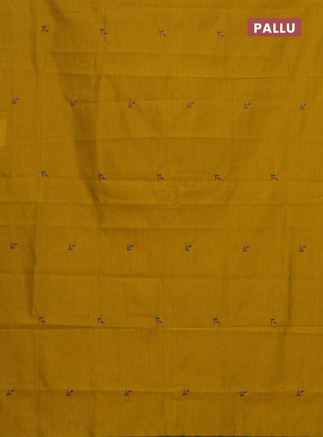 Semi silk cotton saree yellow and peacock green with embroided buttas in borderless style