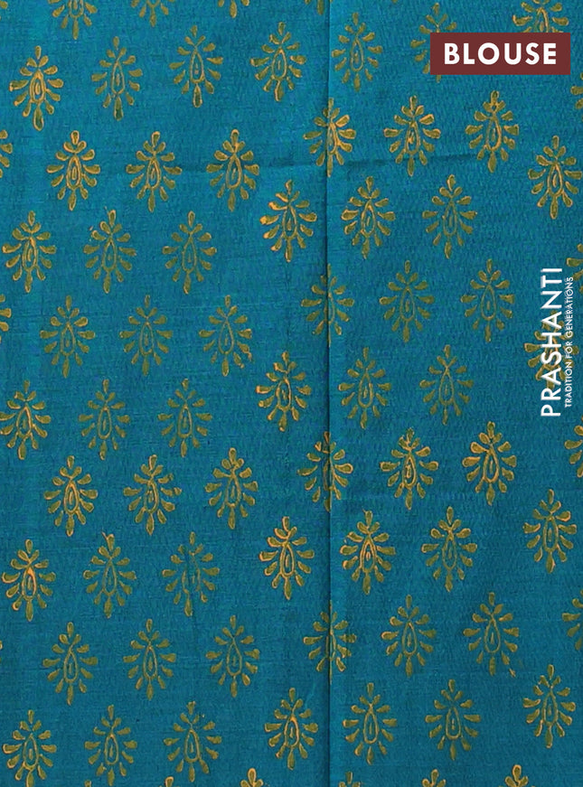 Semi silk cotton saree yellow and peacock green with embroided buttas in borderless style