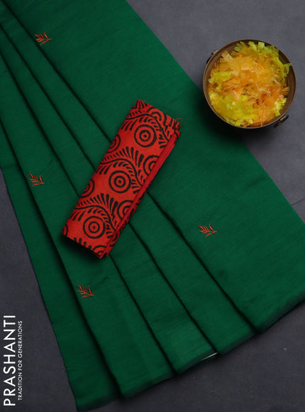 Semi silk cotton saree green and reddish orange with embroided buttas in borderless style