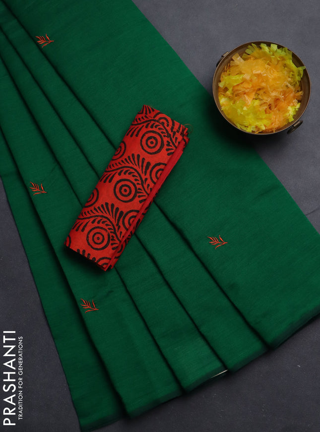 Semi silk cotton saree green and reddish orange with embroided buttas in borderless style