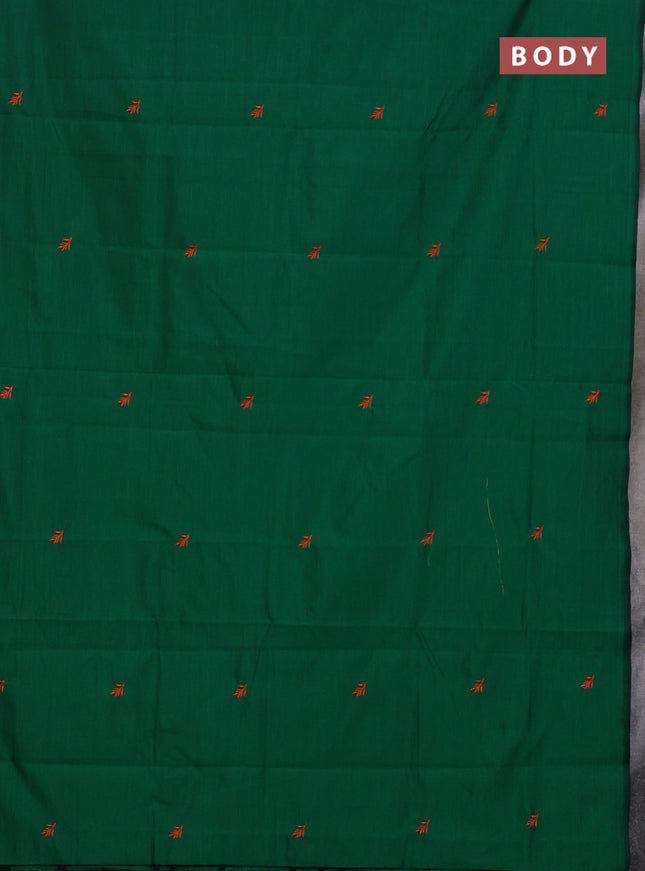 Semi silk cotton saree green and reddish orange with embroided buttas in borderless style