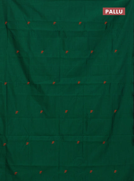 Semi silk cotton saree green and reddish orange with embroided buttas in borderless style