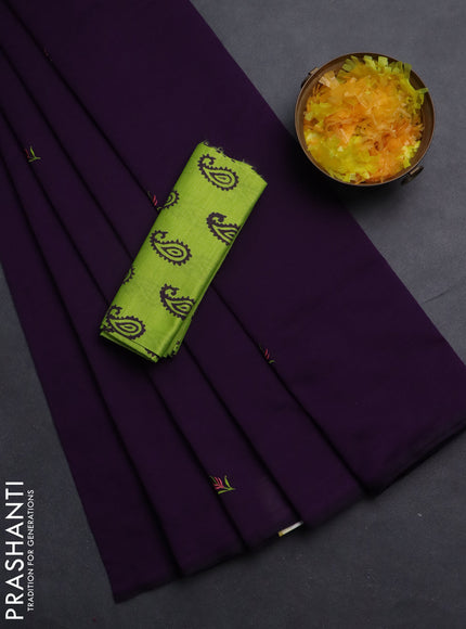 Semi silk cotton saree violet and fluorescent green with embroided buttas in borderless style