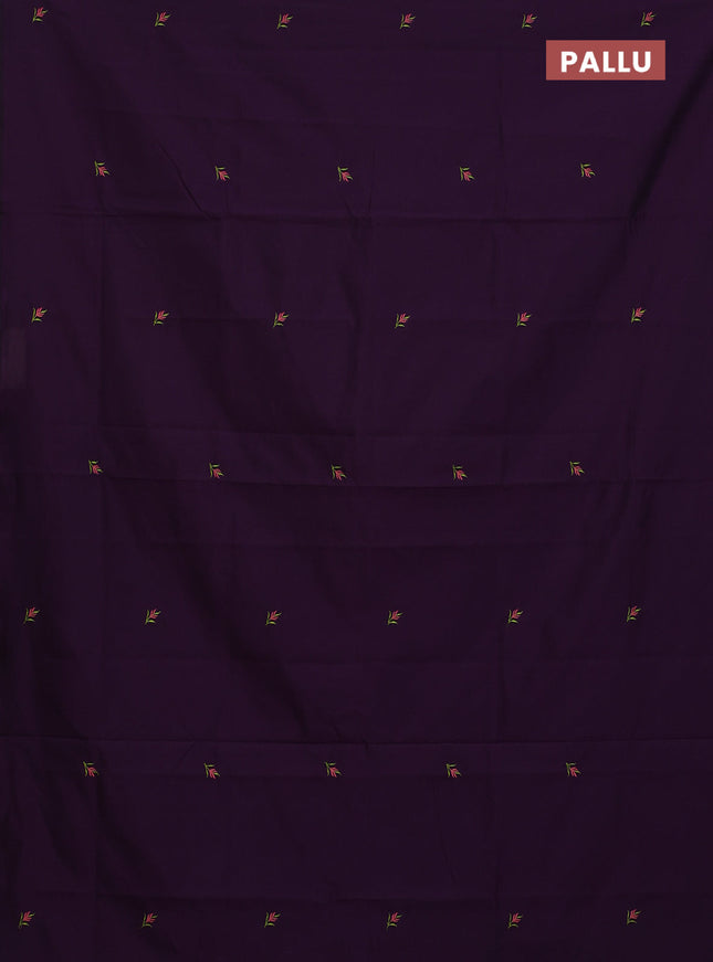 Semi silk cotton saree violet and fluorescent green with embroided buttas in borderless style