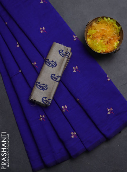 Semi silk cotton saree blue and grey with embroided buttas in borderless style