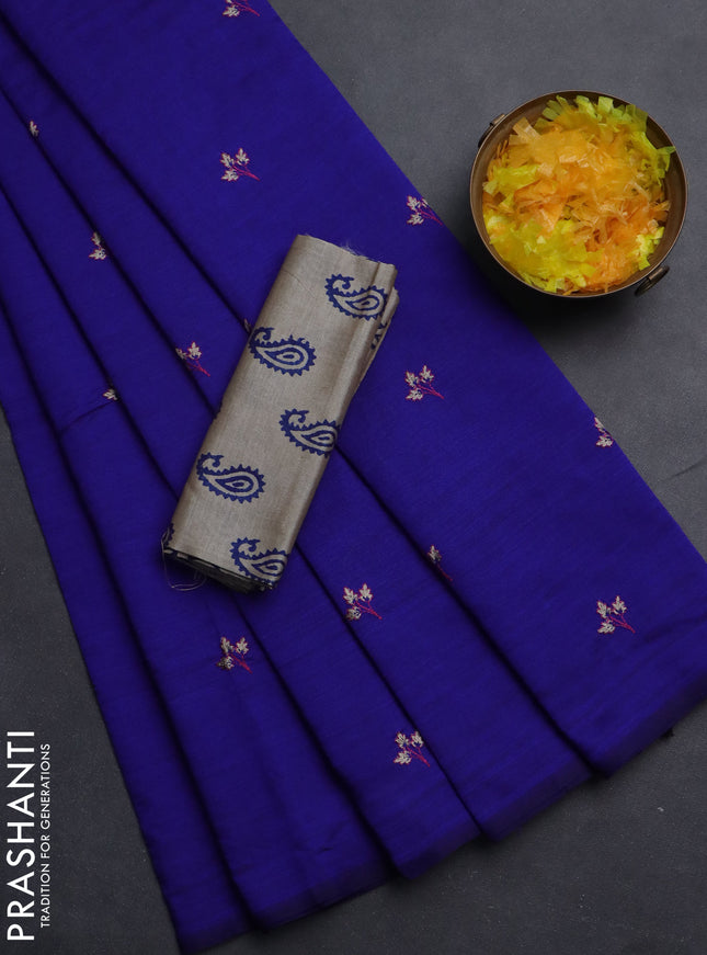 Semi silk cotton saree blue and grey with embroided buttas in borderless style