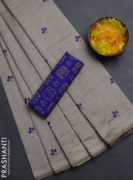 Semi silk cotton saree beige and blue with embroided buttas in borderless style