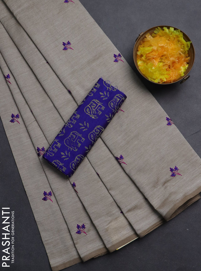 Semi silk cotton saree beige and blue with embroided buttas in borderless style