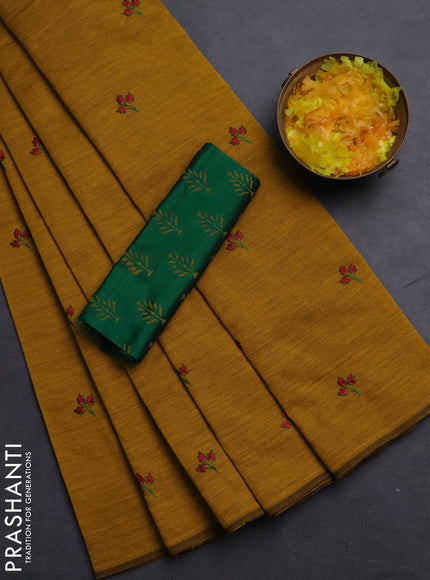 Semi silk cotton saree mustard yellow and green with embroided buttas in borderless style