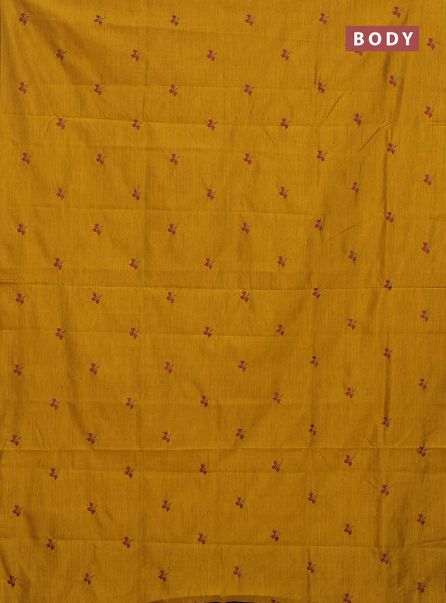 Semi silk cotton saree mustard yellow and green with embroided buttas in borderless style