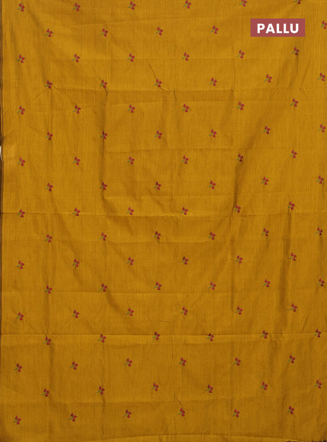 Semi silk cotton saree mustard yellow and green with embroided buttas in borderless style