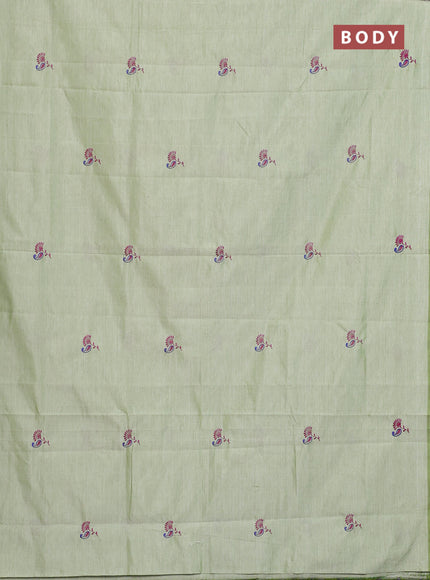Semi silk cotton saree pastel green and magenta pink with embroided buttas in borderless style