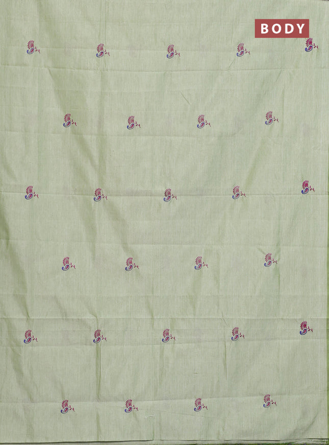 Semi silk cotton saree pastel green and magenta pink with embroided buttas in borderless style