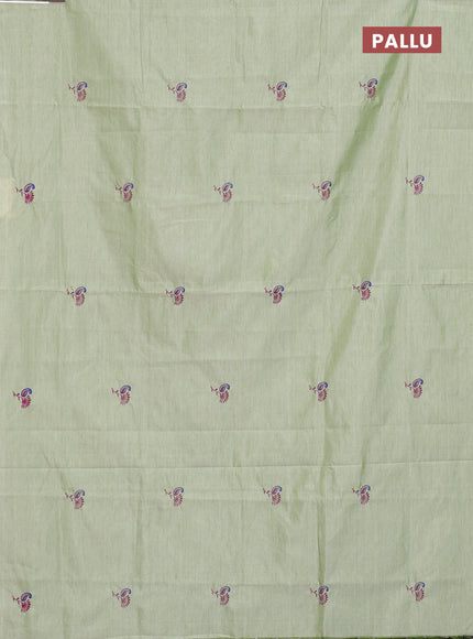 Semi silk cotton saree pastel green and magenta pink with embroided buttas in borderless style