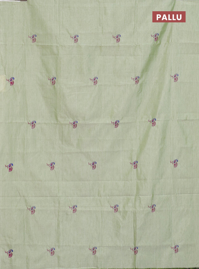 Semi silk cotton saree pastel green and magenta pink with embroided buttas in borderless style