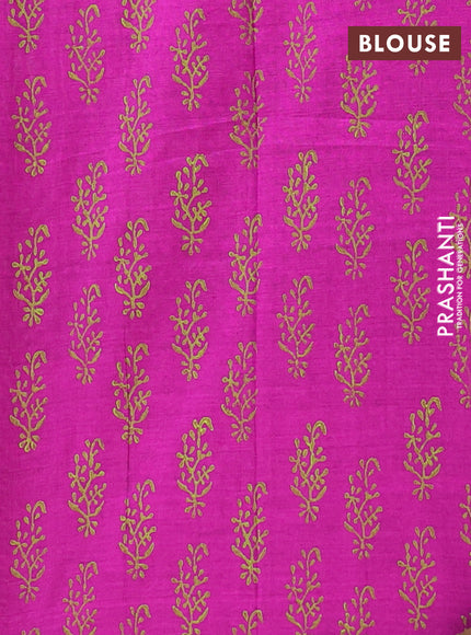 Semi silk cotton saree pastel green and magenta pink with embroided buttas in borderless style