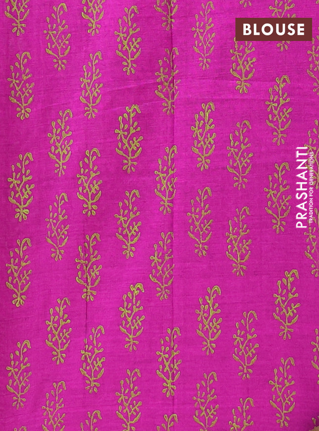 Semi silk cotton saree pastel green and magenta pink with embroided buttas in borderless style