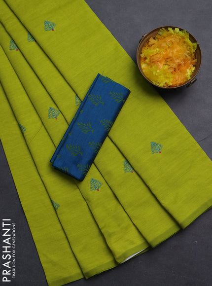 Semi silk cotton saree lime green and cs blue with embroided buttas in borderless style