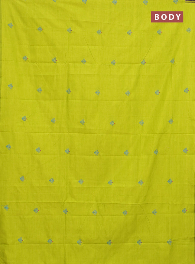 Semi silk cotton saree lime green and cs blue with embroided buttas in borderless style