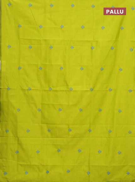 Semi silk cotton saree lime green and cs blue with embroided buttas in borderless style
