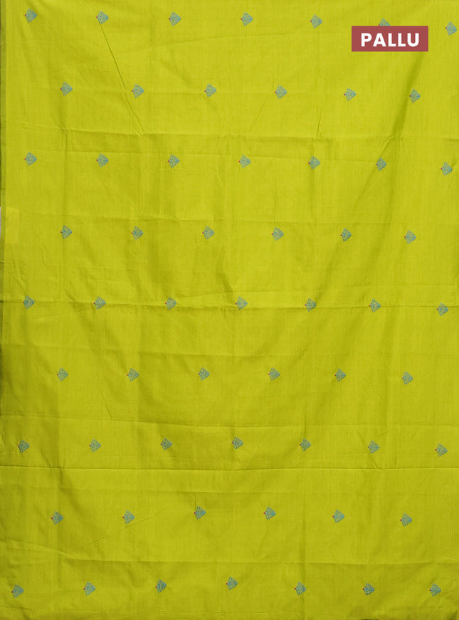 Semi silk cotton saree lime green and cs blue with embroided buttas in borderless style