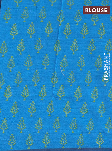 Semi silk cotton saree lime green and cs blue with embroided buttas in borderless style
