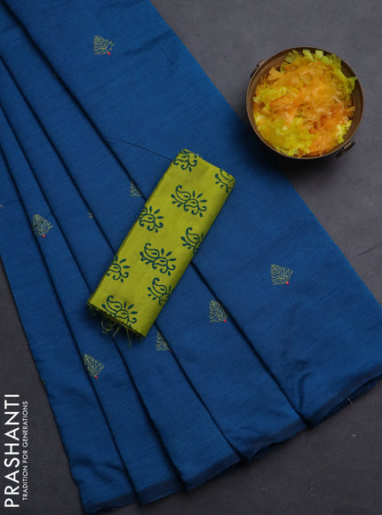 Semi silk cotton saree cs blue and fluorescent green with embroided buttas in borderless style