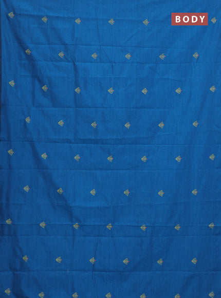 Semi silk cotton saree cs blue and fluorescent green with embroided buttas in borderless style