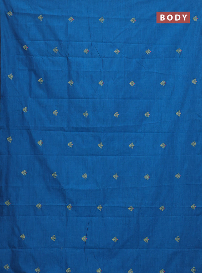 Semi silk cotton saree cs blue and fluorescent green with embroided buttas in borderless style