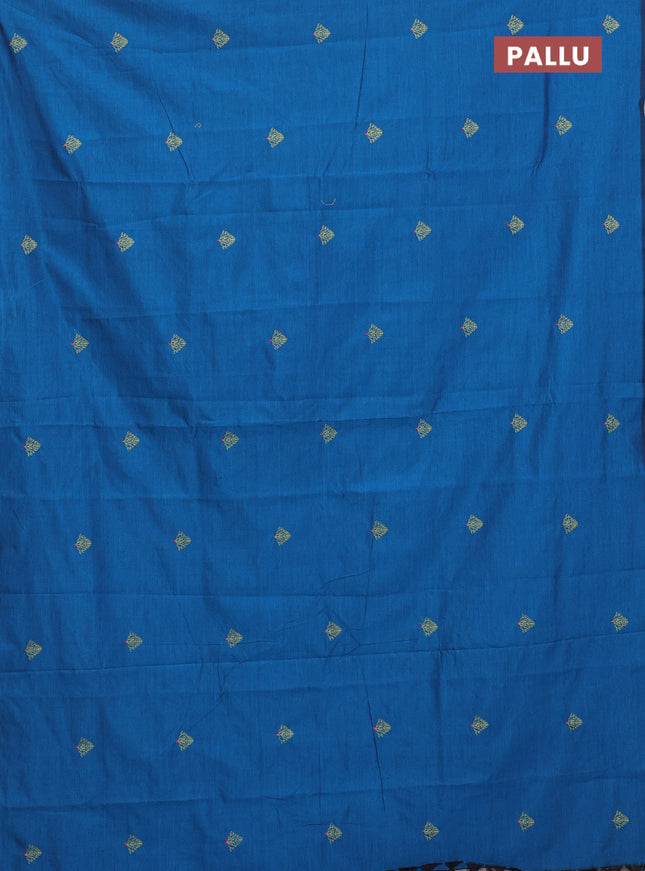 Semi silk cotton saree cs blue and fluorescent green with embroided buttas in borderless style