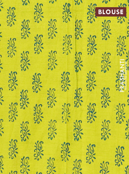 Semi silk cotton saree cs blue and fluorescent green with embroided buttas in borderless style