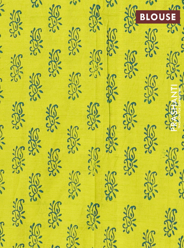 Semi silk cotton saree cs blue and fluorescent green with embroided buttas in borderless style