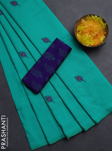 Semi silk cotton saree teal green and violet with embroided buttas in borderless style