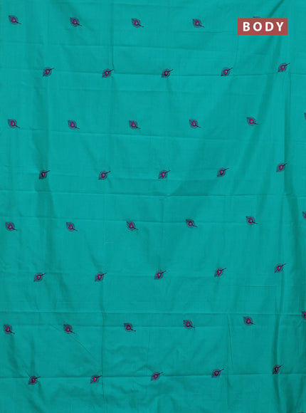 Semi silk cotton saree teal green and violet with embroided buttas in borderless style