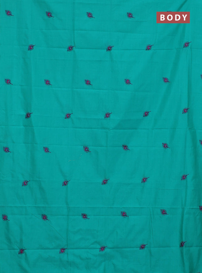 Semi silk cotton saree teal green and violet with embroided buttas in borderless style