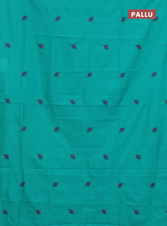 Semi silk cotton saree teal green and violet with embroided buttas in borderless style