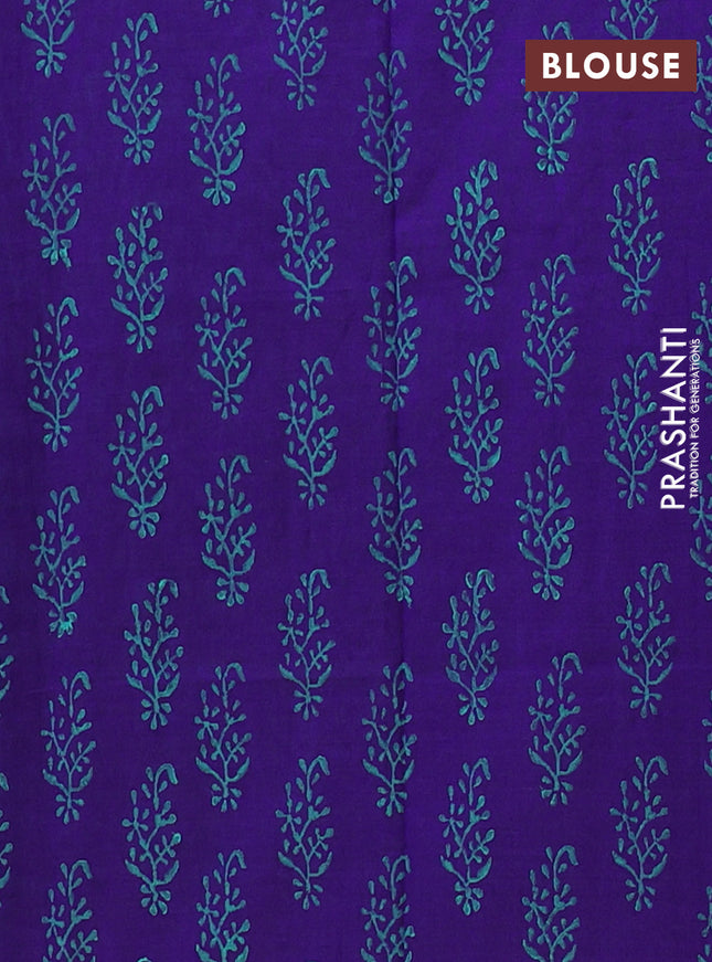 Semi silk cotton saree teal green and violet with embroided buttas in borderless style