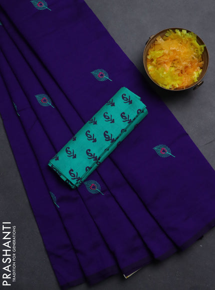 Semi silk cotton saree blue and teal green with embroided buttas in borderless style