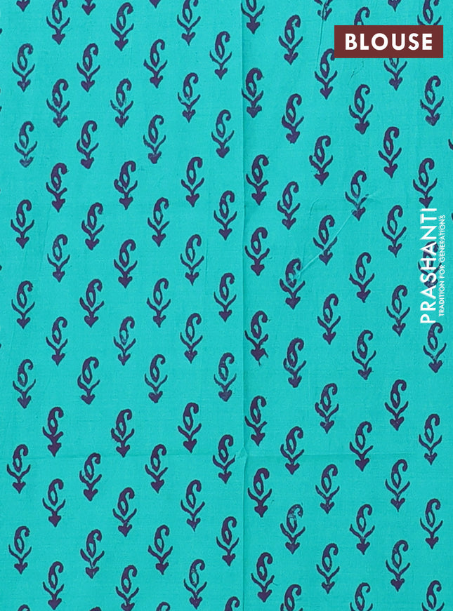 Semi silk cotton saree blue and teal green with embroided buttas in borderless style