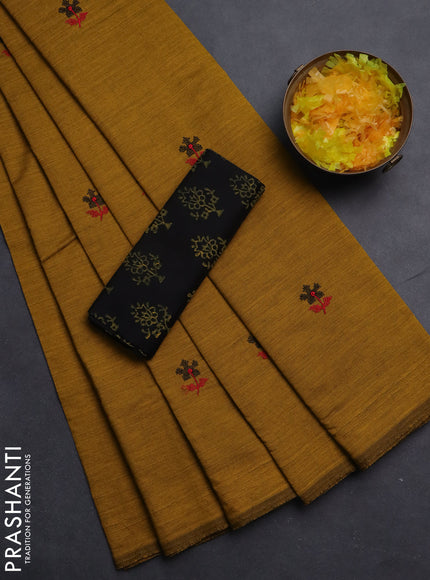 Semi silk cotton saree mustard yellow and black with embroided buttas in borderless style