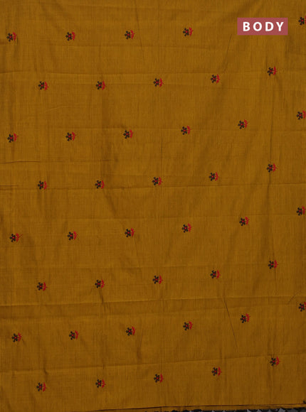 Semi silk cotton saree mustard yellow and black with embroided buttas in borderless style
