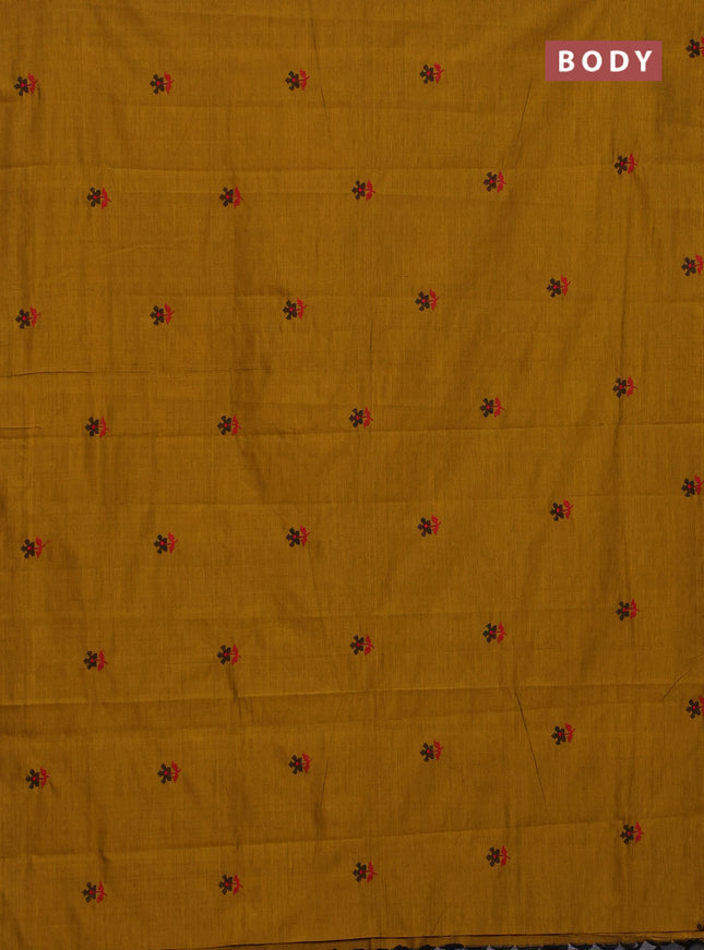 Semi silk cotton saree mustard yellow and black with embroided buttas in borderless style